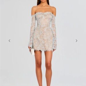 Retrofete Blue Lace Off-Shoulder Mini Dress